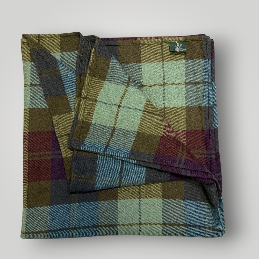 Vintage Ralph Lauren Rutherford Park  Queen Blanket 100% Wool Plaid Green Blue